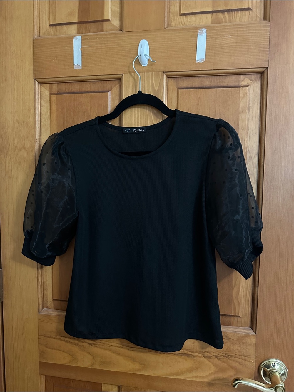 Black Puff Sleeve Dot-Sheer Ribbed Top